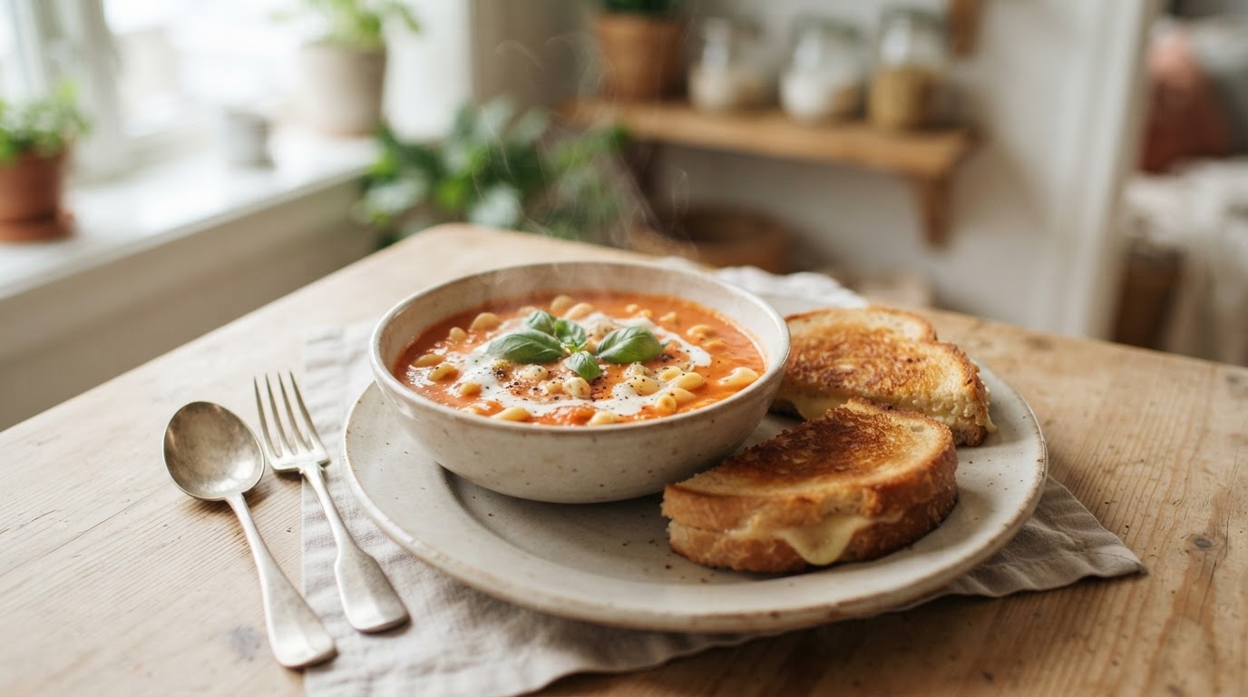 Kremet tomatsuppe med makaroni og sprø ostesmørbrød – illustrasjonsbilde
