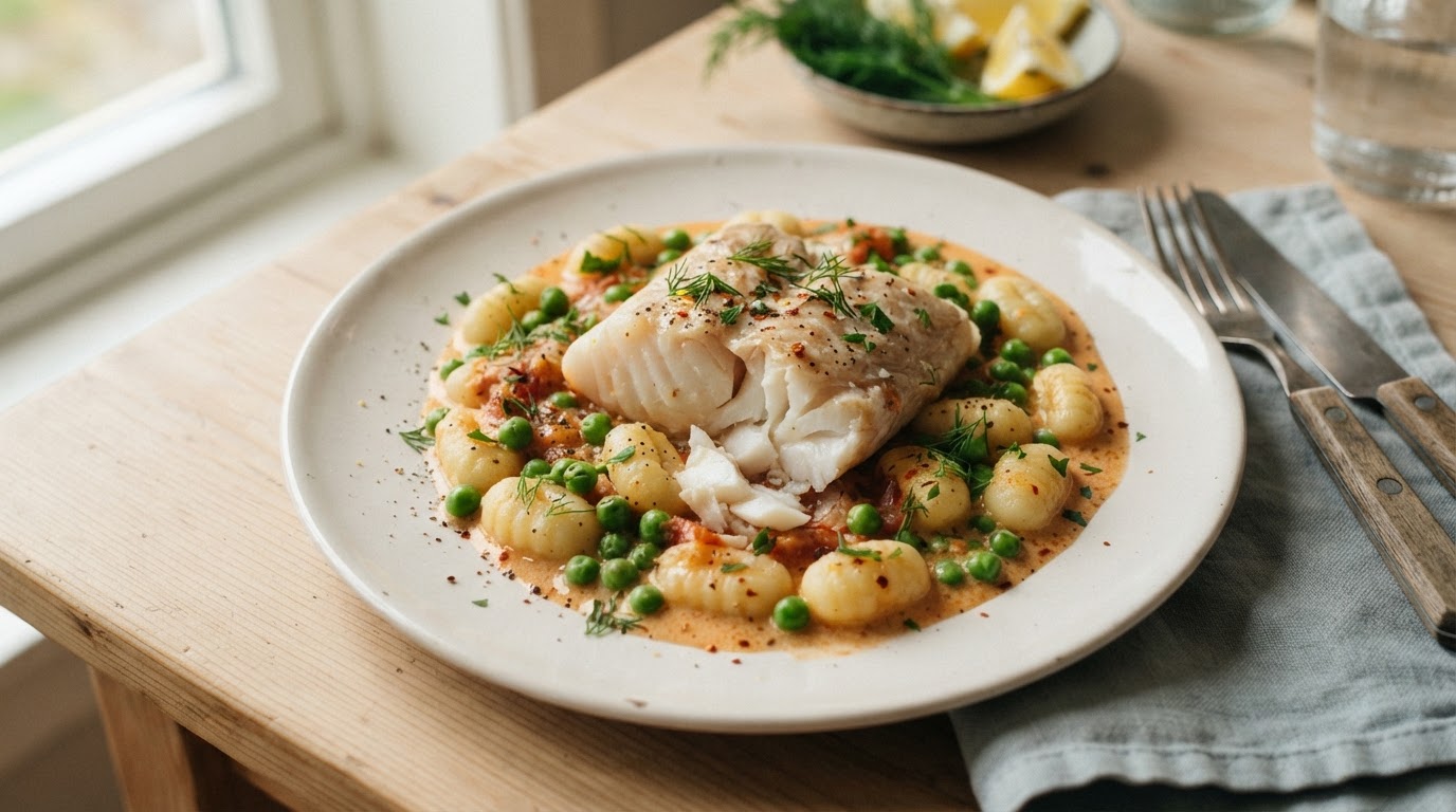 Kremet torskepanne med gnocchi og erter – slik ser retten ut