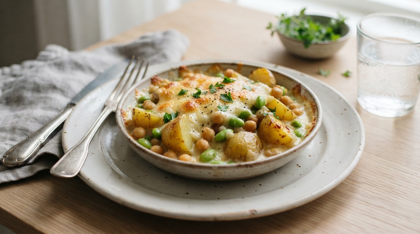Kremet vegetarform med nypoteter, edamame og gratinert ost – illustrasjonsbilde