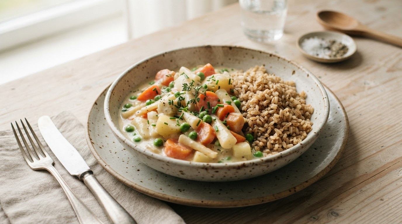 Kremet vegetarfrikassé med rotgrønnsaker og fullkornsris – slik ser retten ut