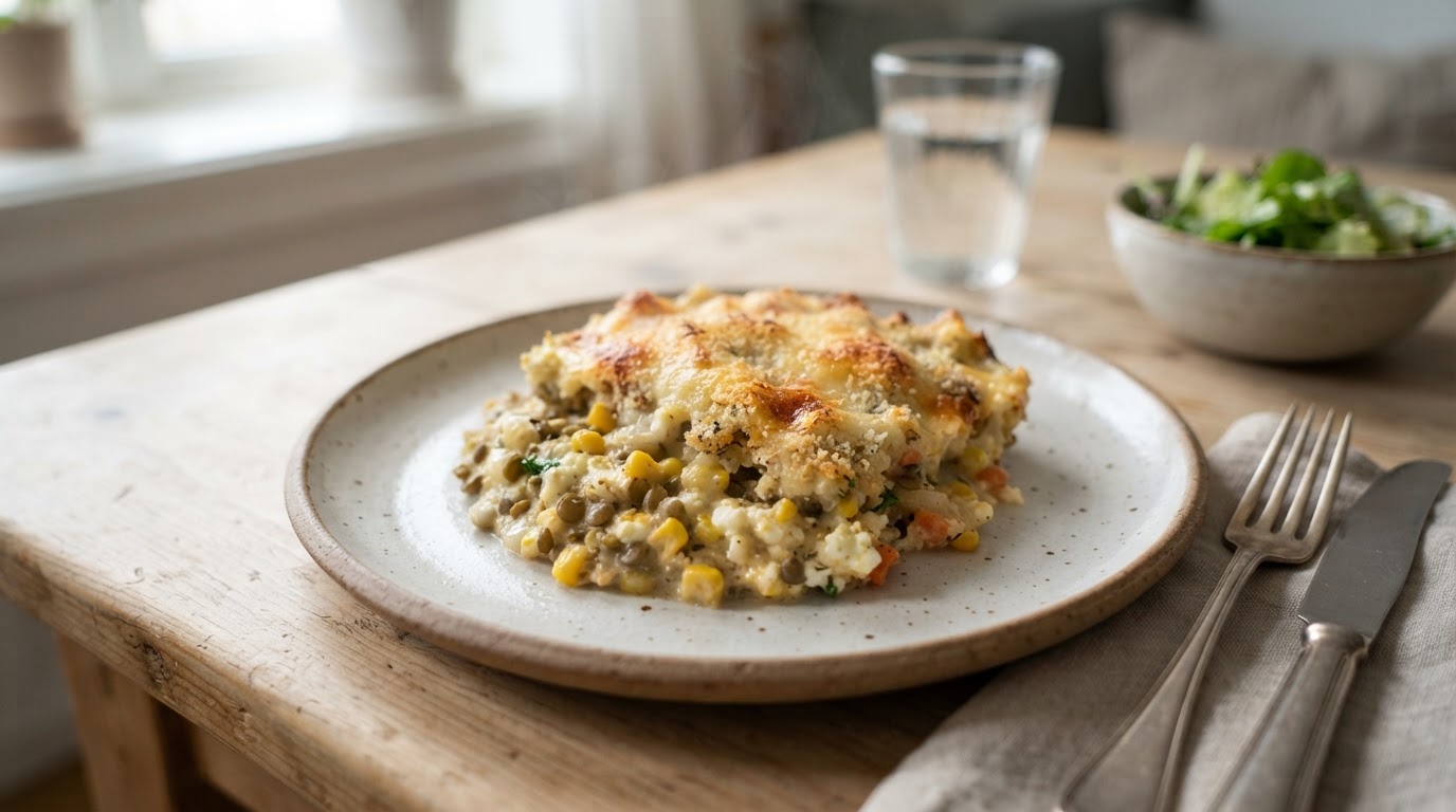 Kremet vegetargrateng med fersk mais, linser og cottage cheese – illustrasjonsbilde