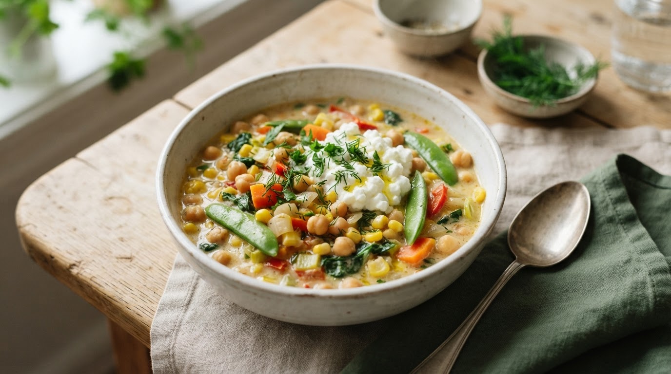 Kremet vegetargryte med kikerter, fersk mais og cottage cheese – illustrasjonsbilde