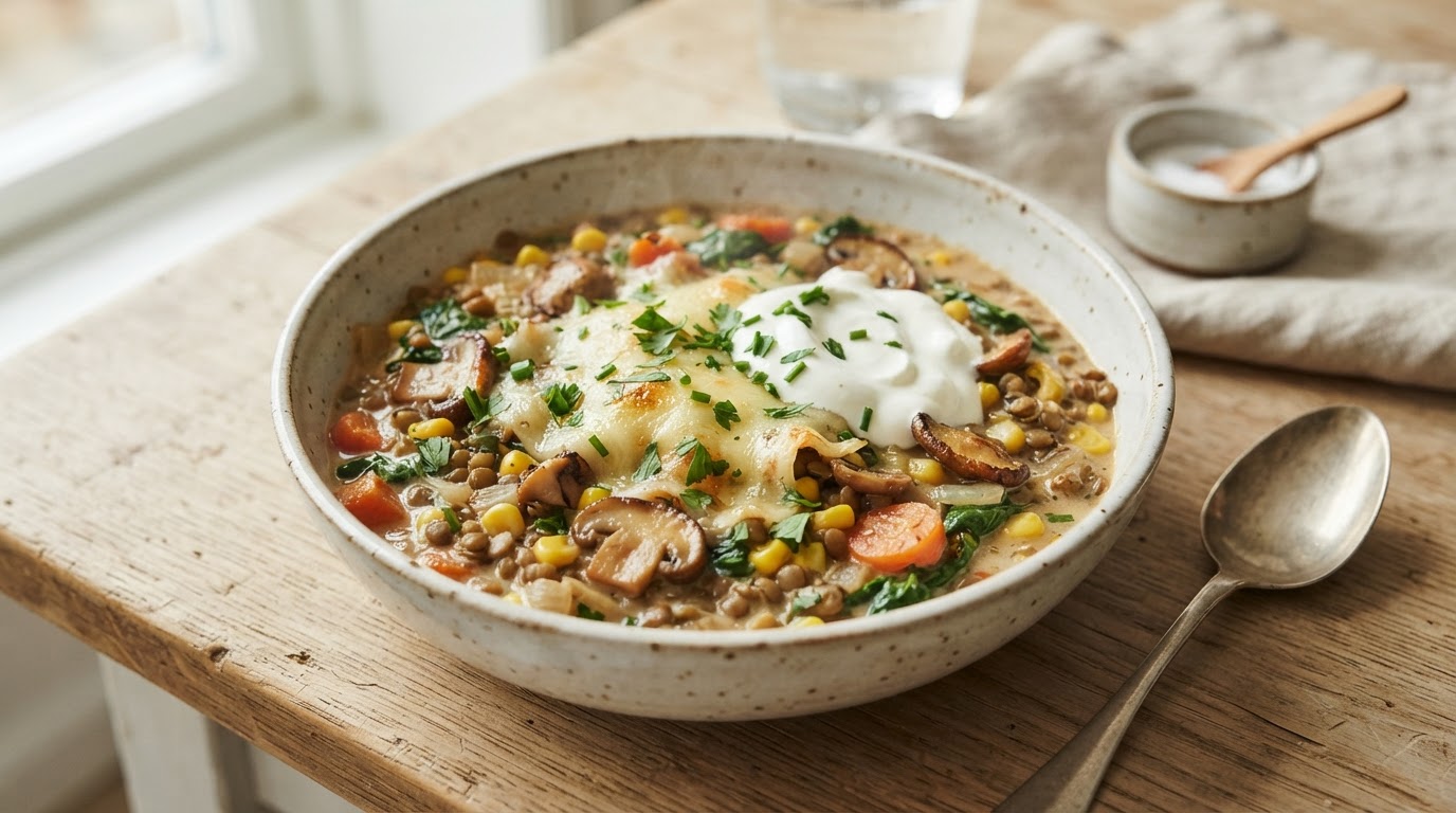Kremet vegetargryte med linser, fersk mais og sopp – slik ser retten ut