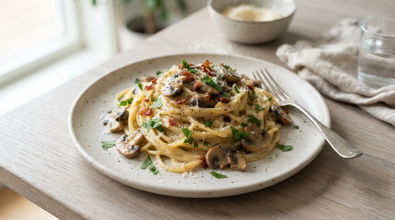 Kremet Vegetarisk Carbonara med Aromasopp – illustrasjonsbilde