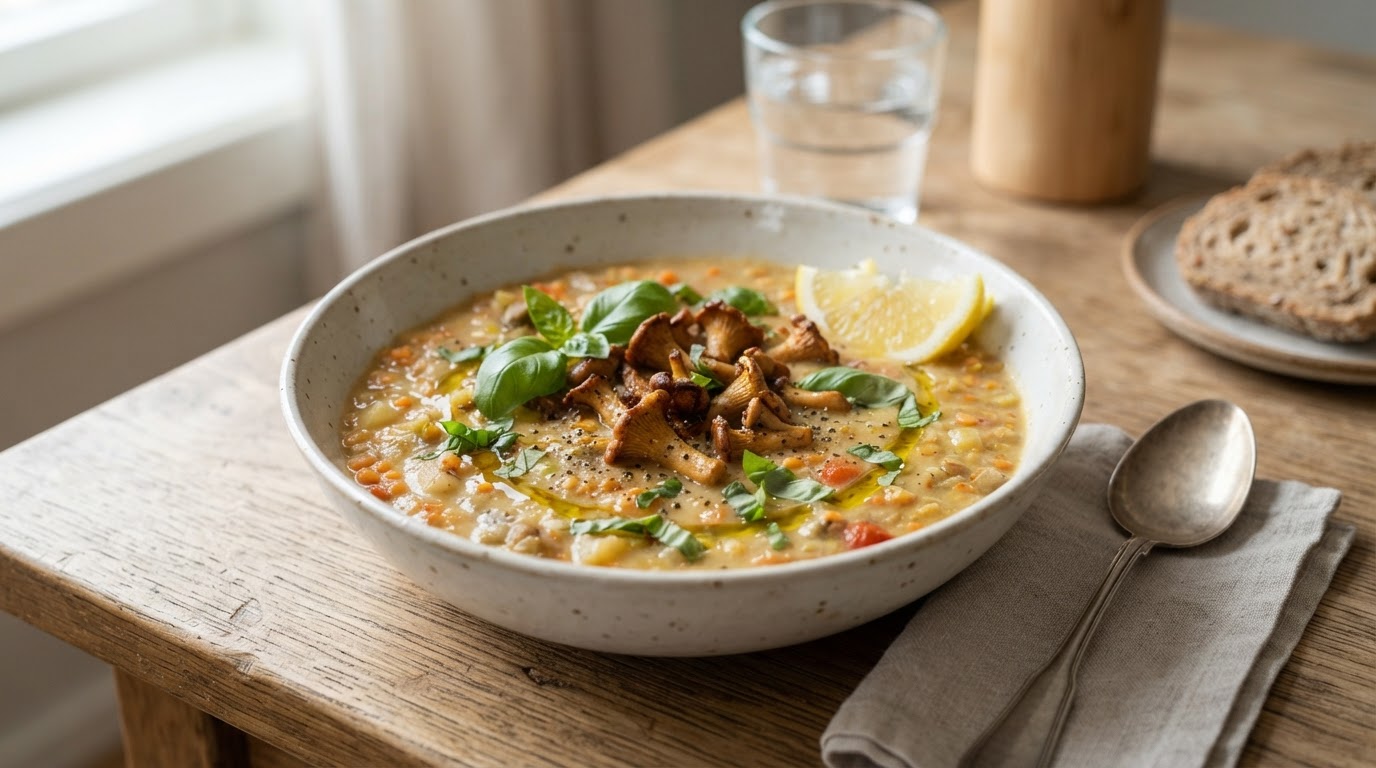 Kremet vegetarisk linsesoppsuppe med fersk basilikum – slik ser retten ut