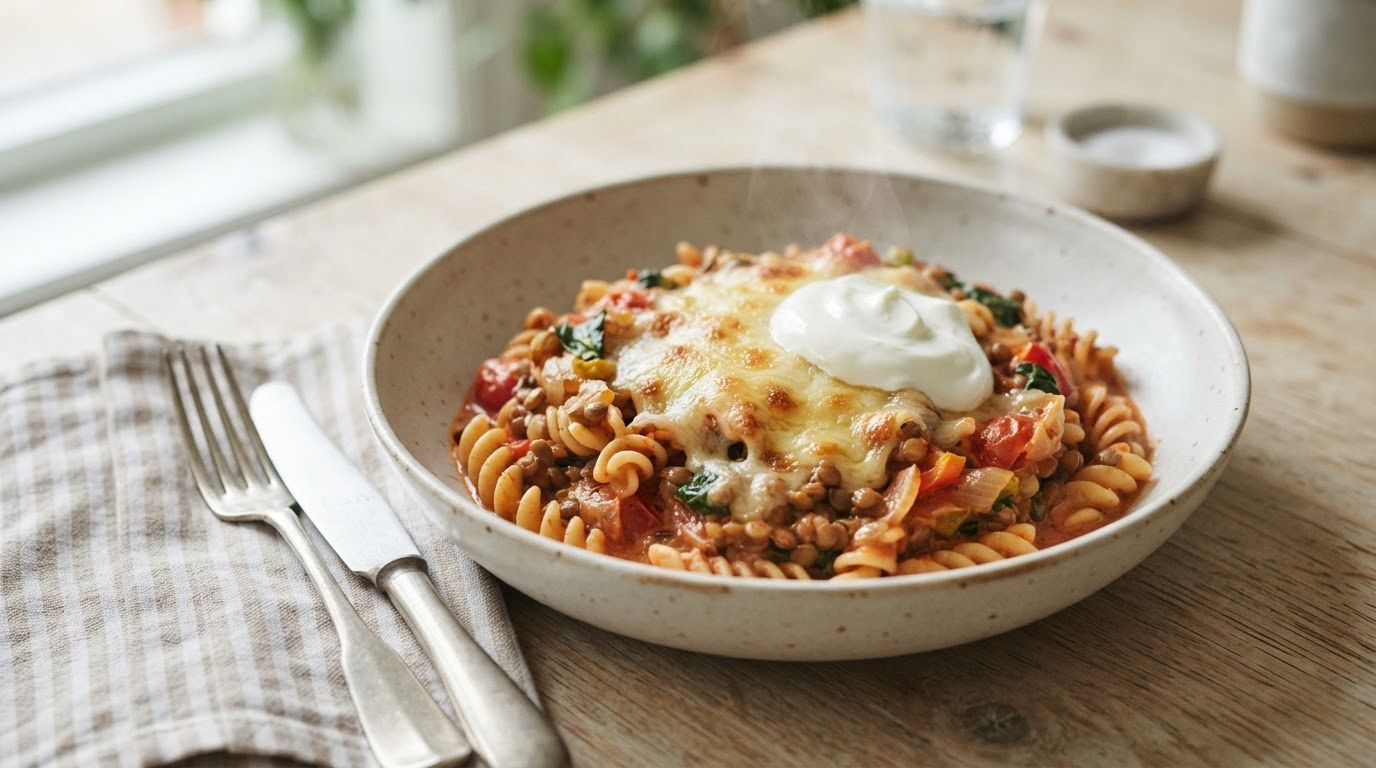 Kremet vegetarisk pastagrateng med linser – illustrasjonsbilde