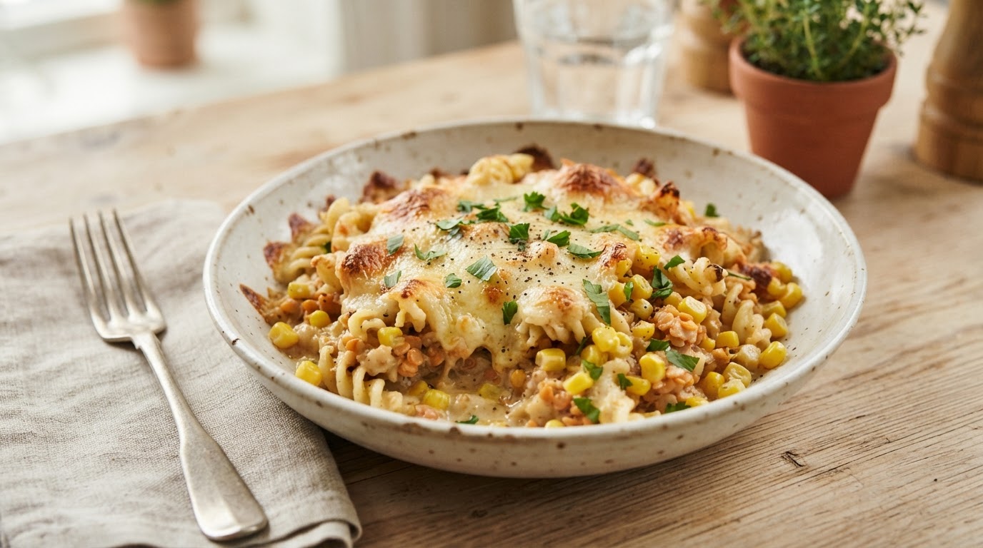 Kremet vegetarisk pastagrateng med linser og fersk norsk mais – illustrasjonsbilde