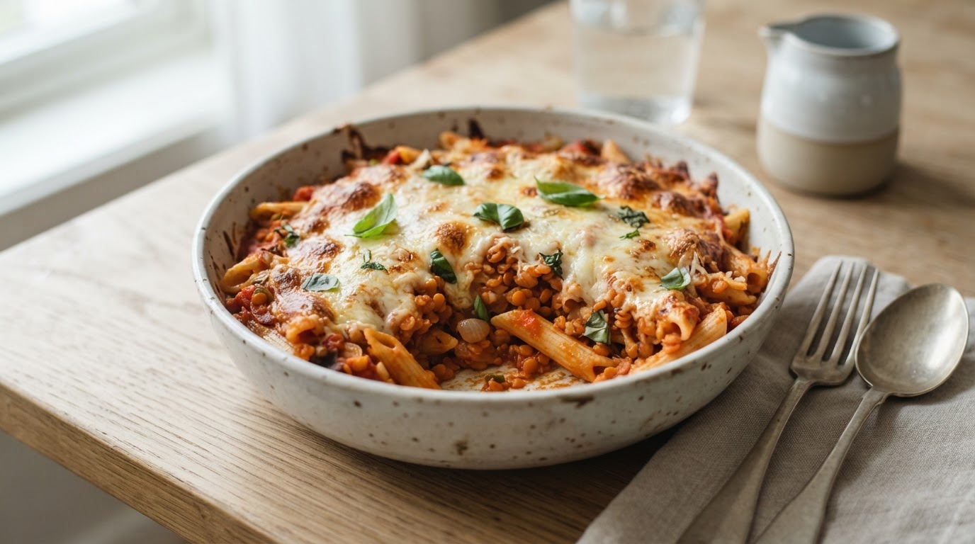 Kremet vegetarisk pastagrateng med linser og mozzarella – illustrasjonsbilde
