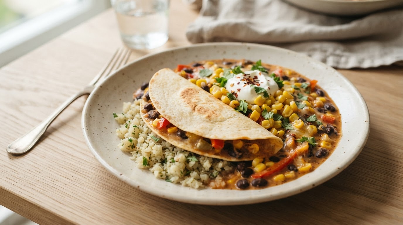 Kremet vegetarisk tacogryte med blomkålris og fersk mais – slik ser retten ut