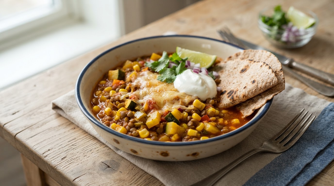 Kremet vegetarisk tacogryte med linser og fersk mais – slik ser retten ut