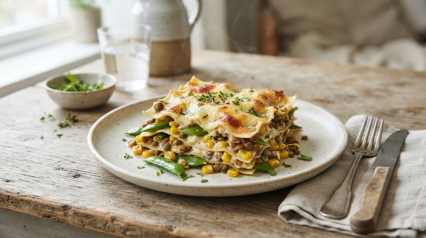 Kremet vegetarlasagne med fersk mais, sukkererter og linser – illustrasjonsbilde
