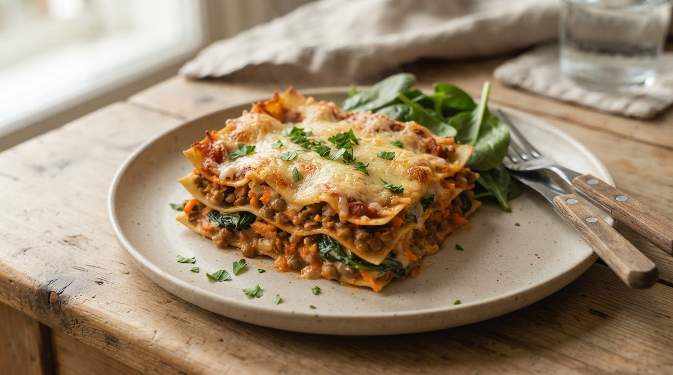 Kremet vegetarlasagne med linser og spinat – slik ser retten ut