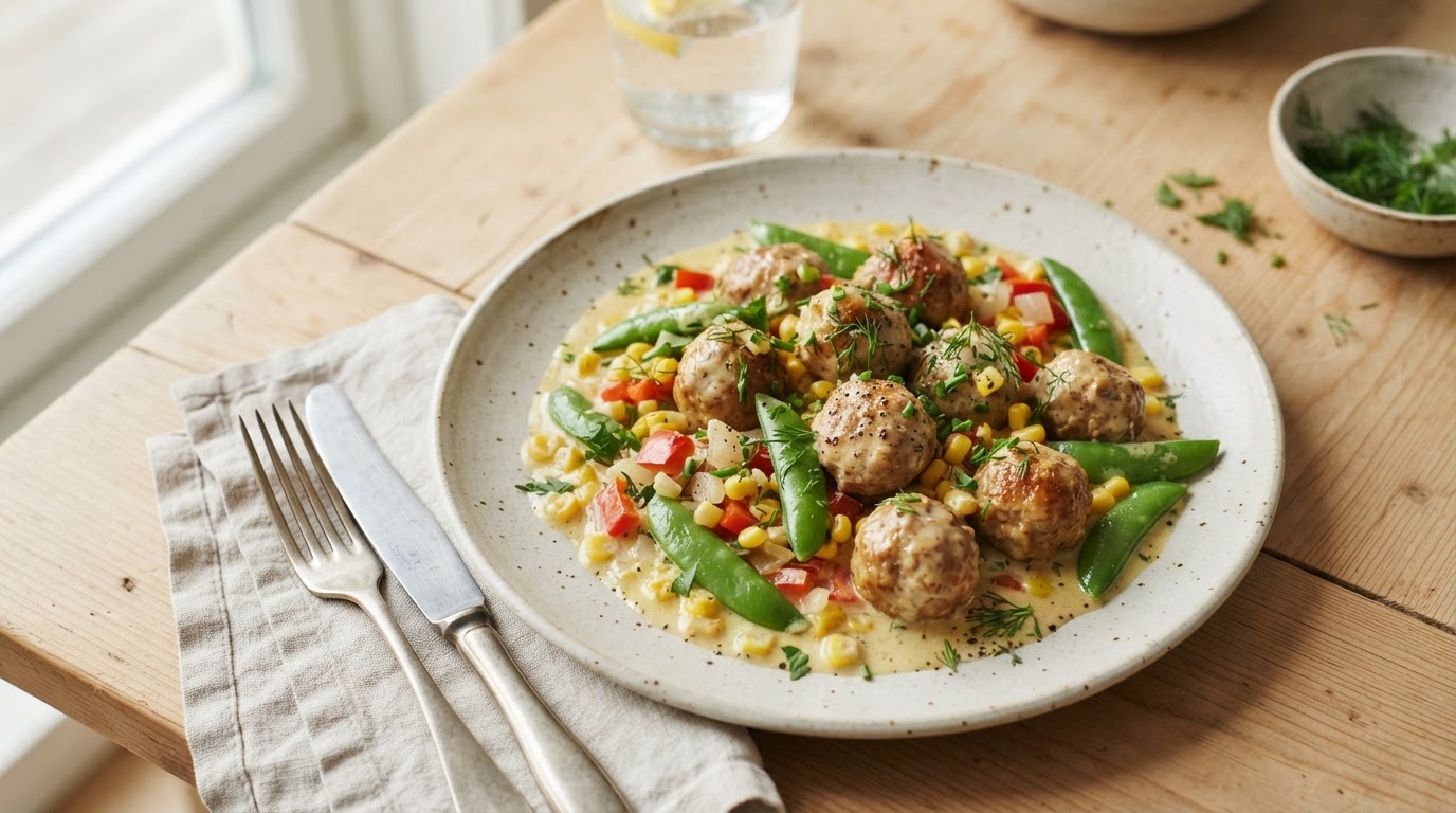 Kremet vegetarpanne med fersk mais og vegetarboller – illustrasjonsbilde