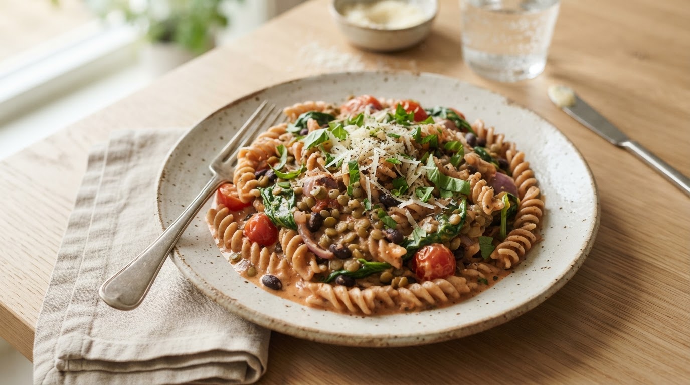 Kremet vegetarpasta med linser og spinat – illustrasjonsbilde