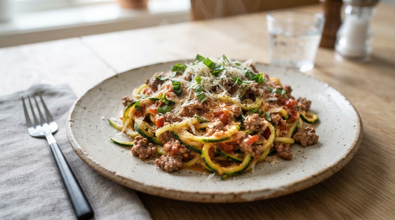 Kremet Zucchini-Pasta med Karbonadedeig og Parmesan – slik ser retten ut