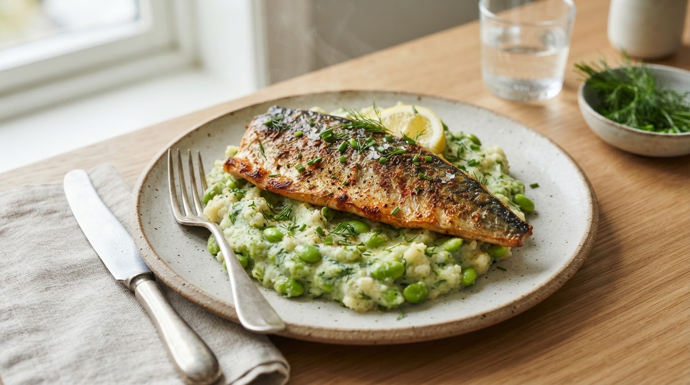 Krydret makrell med edamame- og blomkålmos – illustrasjonsbilde