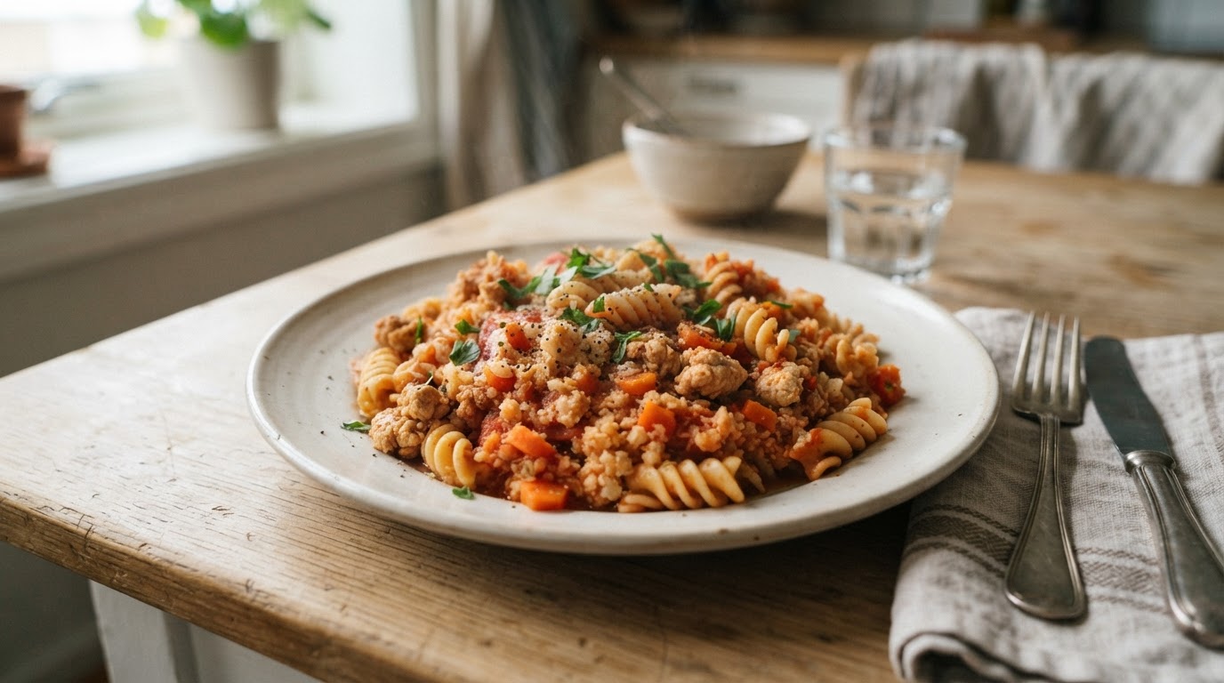 Kylling- og pastapanne med blomkålris (Glutenfri og Melkefri) – illustrasjonsbilde