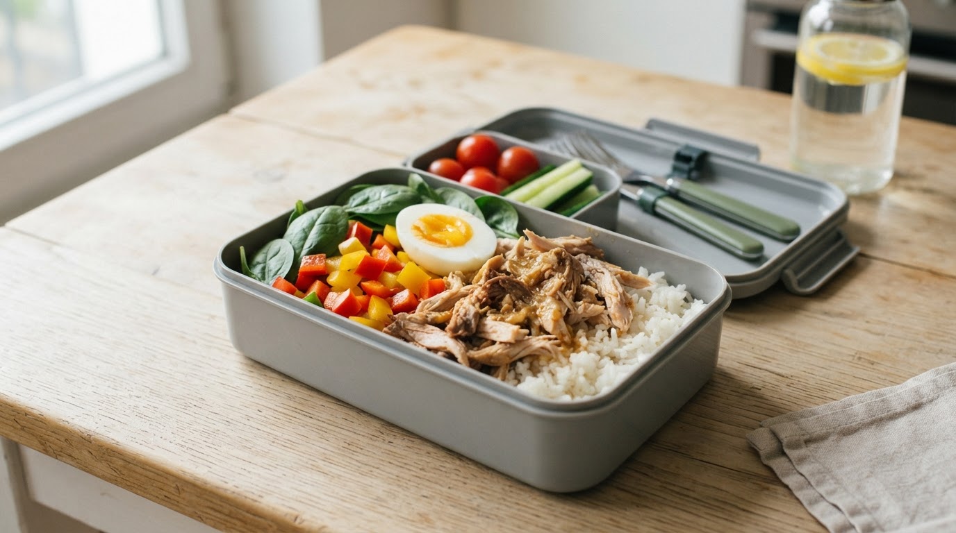 Kylling- og risbowl med egg (restemat) – illustrasjonsbilde