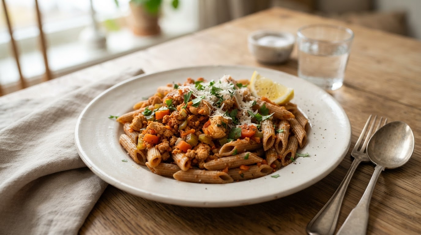 Kyllingbolognese med fullkornspasta og ferske grønnsaker – illustrasjonsbilde