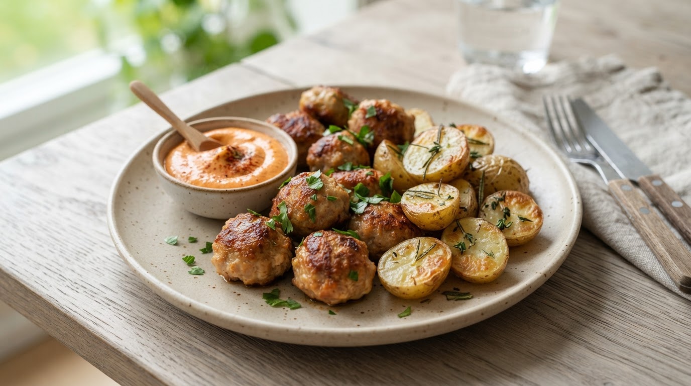 Kyllingkjøttboller i airfryer med nypoteter og paprikadipp – illustrasjonsbilde