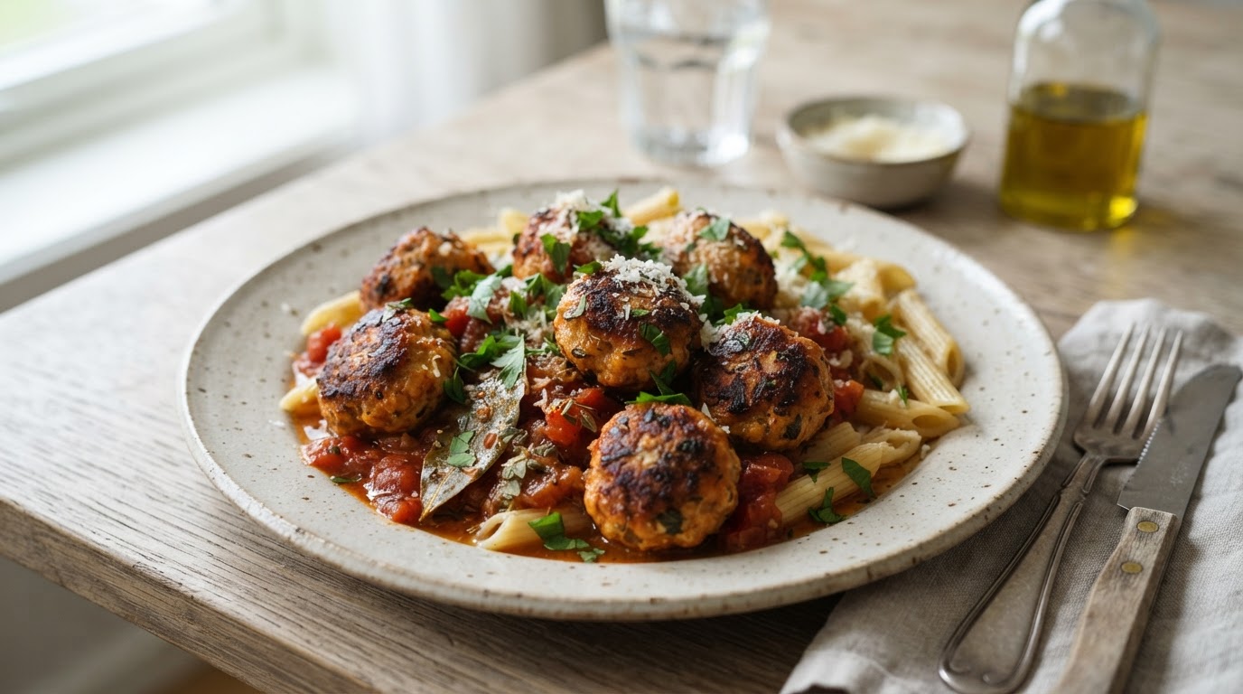 Kyllingkjøttkaker i fyldig tomatsaus med glutenfri pasta – slik ser retten ut