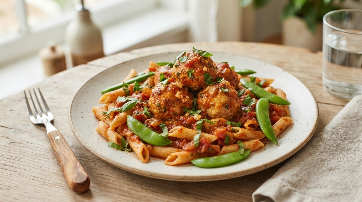 Kyllingkjøttkaker i rik tomatsaus med glutenfri pasta og sukkererter – illustrasjonsbilde