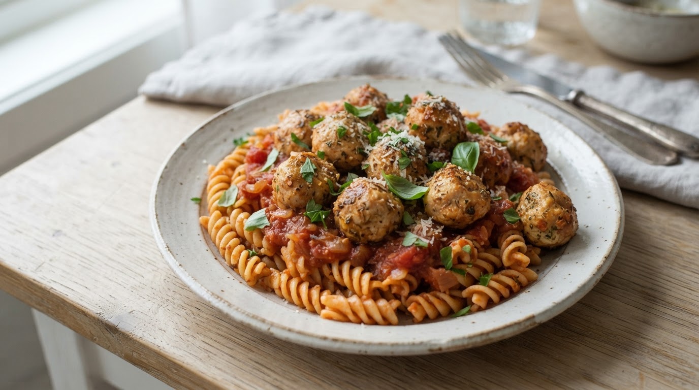 Kyllingkjøttkaker i tomatsaus med glutenfri pasta – illustrasjonsbilde