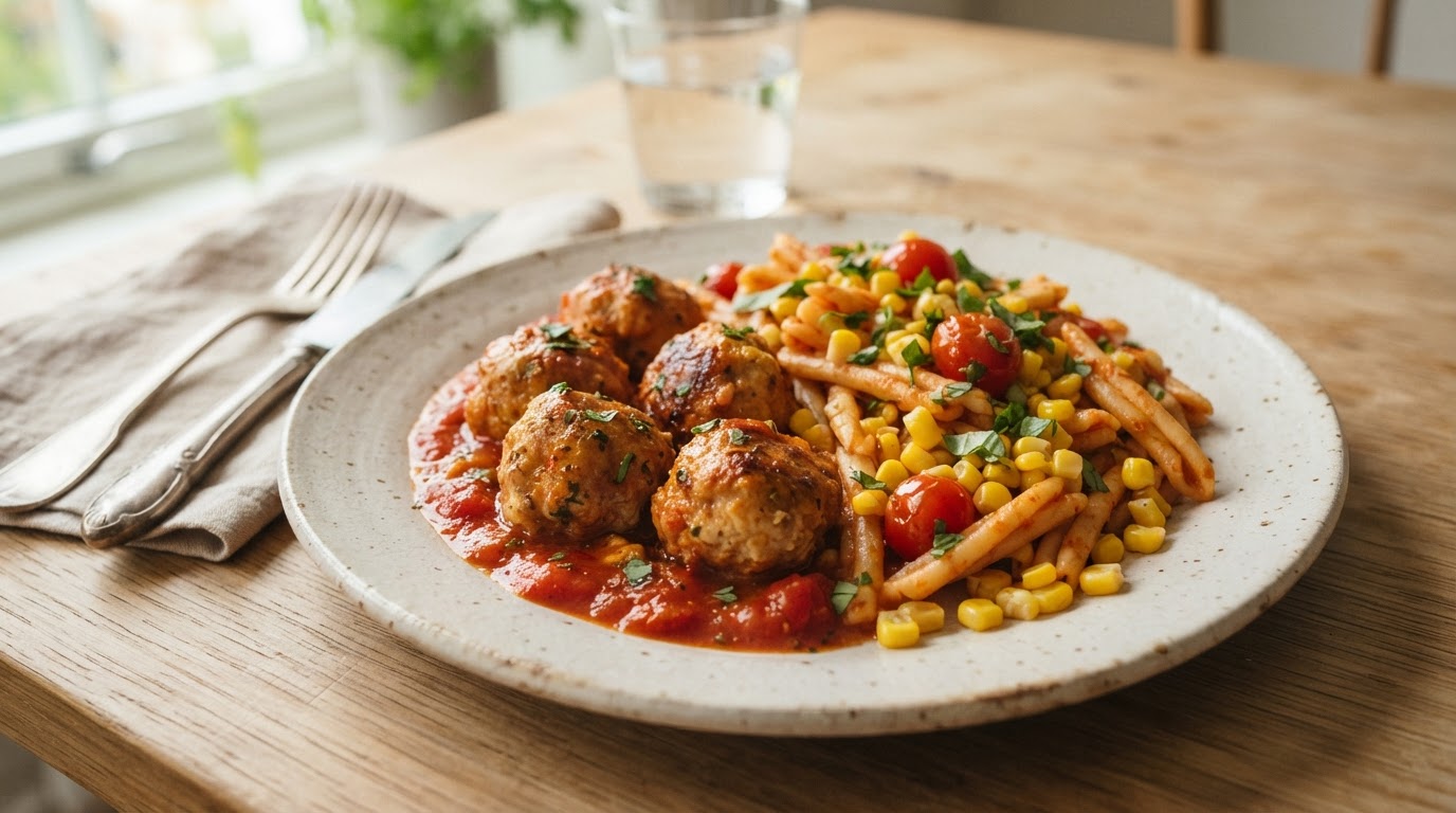 Kyllingkjøttkaker i tomatsaus med glutenfri pasta og fersk mais – illustrasjonsbilde