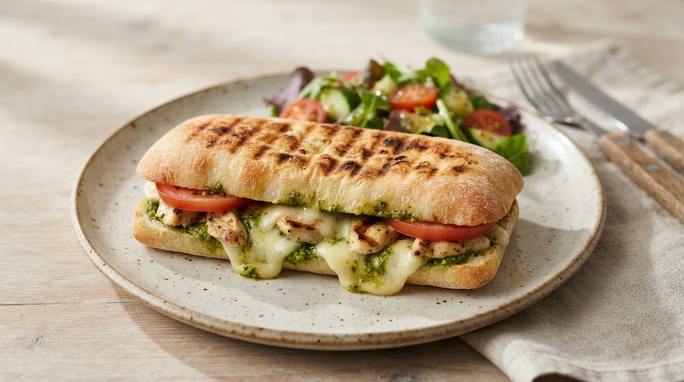 Kyllingpanini med pesto og mozzarella – slik ser retten ut
