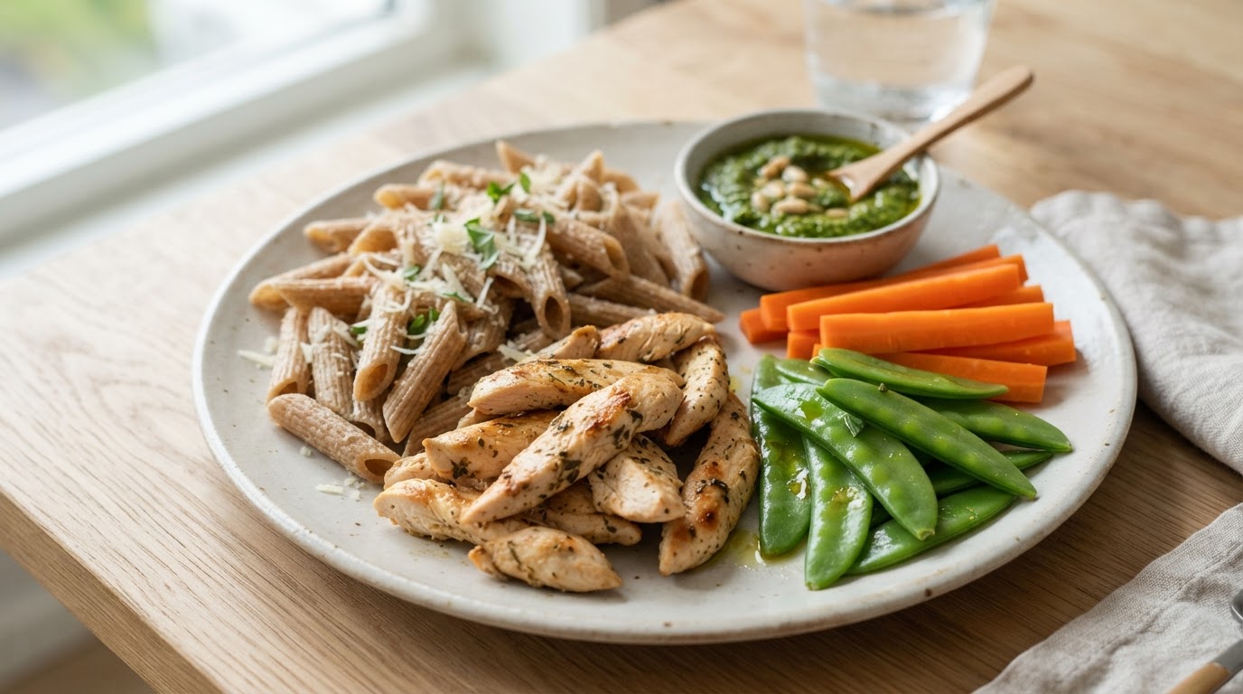 Kyllingstrimler med fullkornspasta, pesto og friske sukkererter – slik ser retten ut