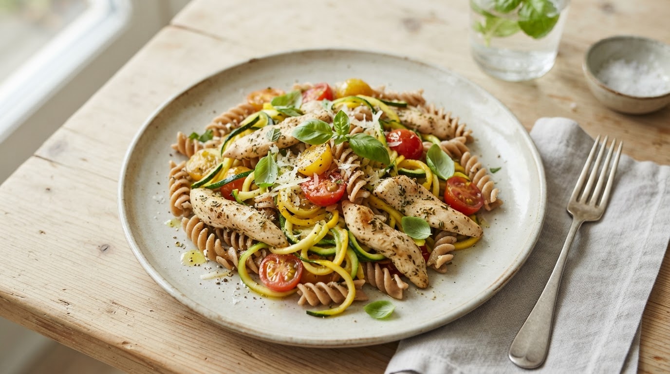 Kyllingstrimler med squashspaghetti og cherrytomater – illustrasjonsbilde
