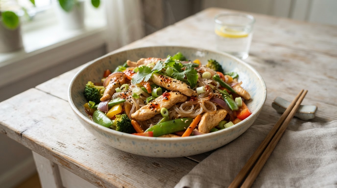 Kyllingwok med glutenfrie risnudler og grønnsaker – illustrasjonsbilde