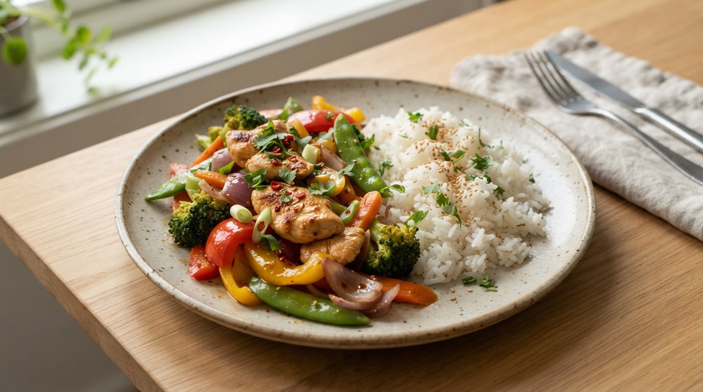 Kyllingwok med sweet chili, glutenfri soyasaus og jasminris – illustrasjonsbilde