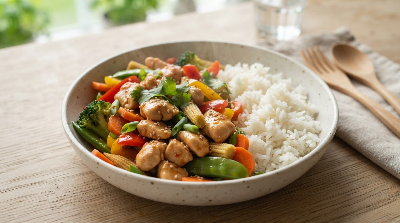 Kyllingwok med sweet chili, soyasaus og jasminris – slik ser retten ut