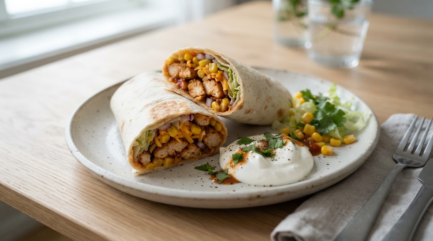 Kyllingwraps med fersk mais, ost og rømme – illustrasjonsbilde