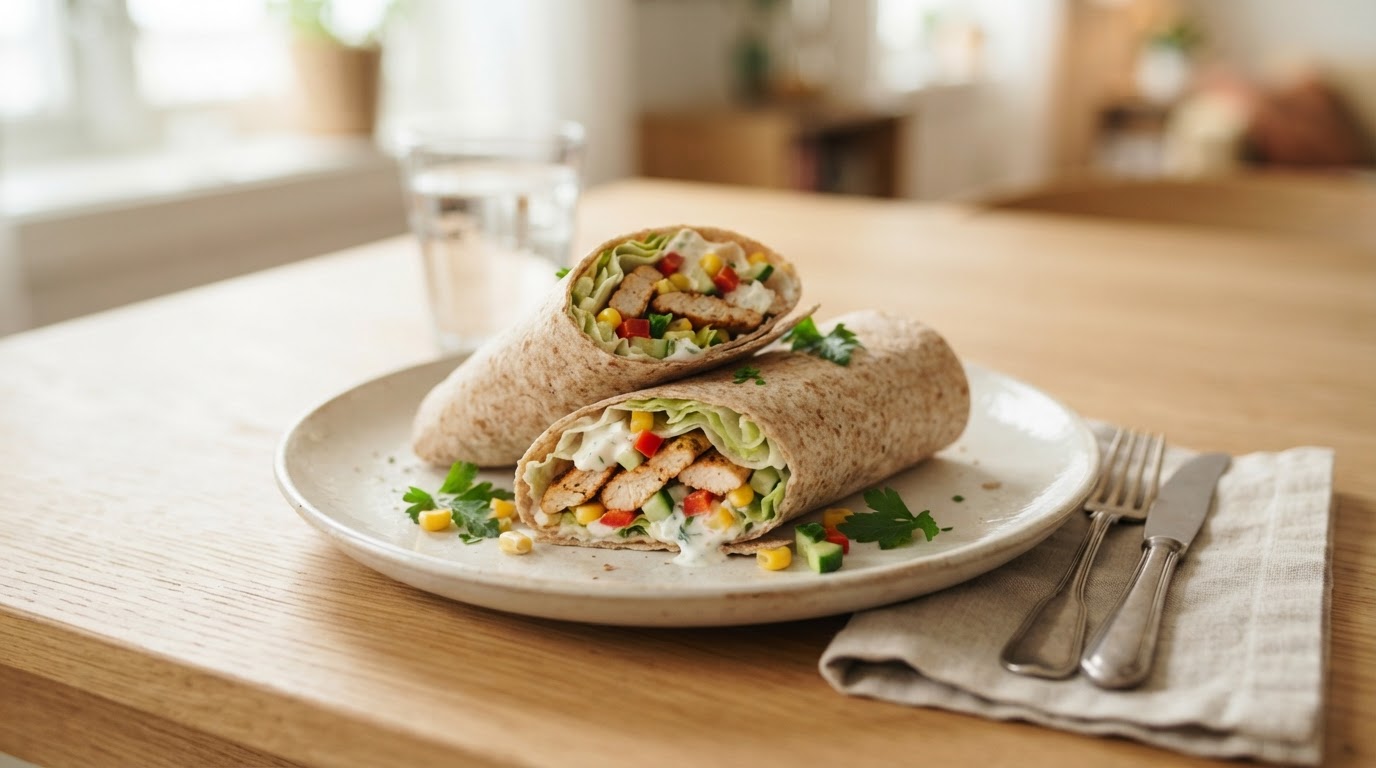 Kyllingwraps med fullkorn og milde grønnsaker – illustrasjonsbilde