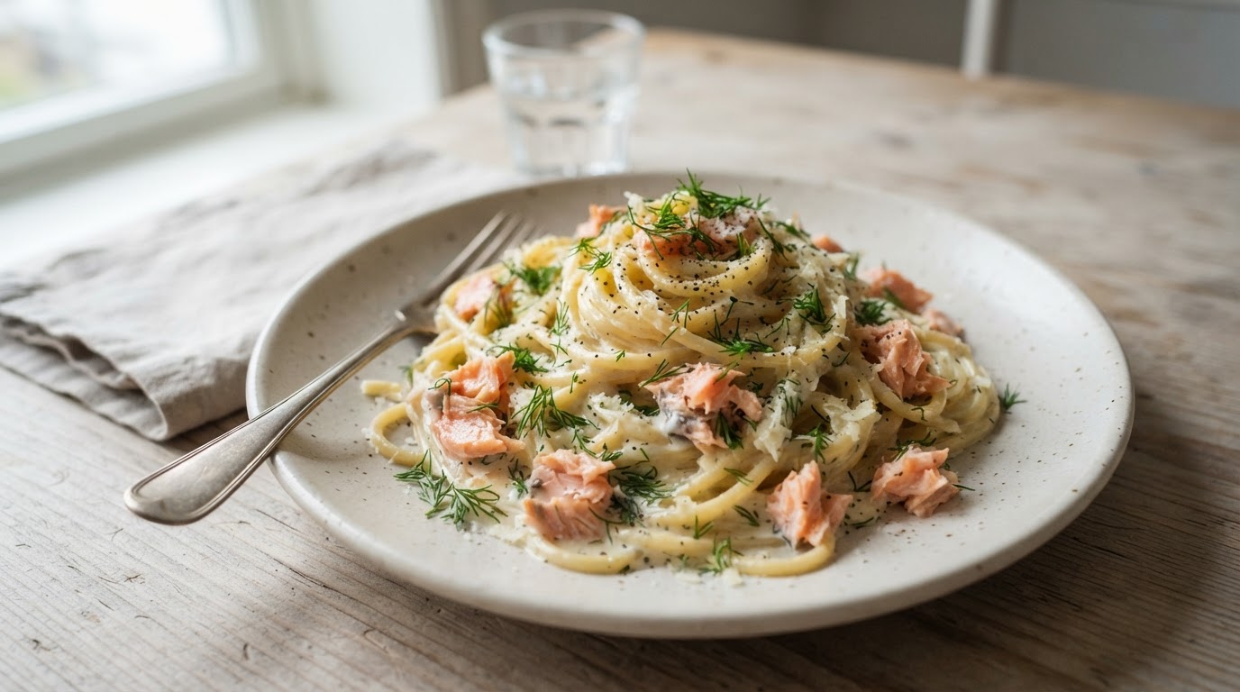 Laksecarbonara med røkt laks og dill – illustrasjonsbilde