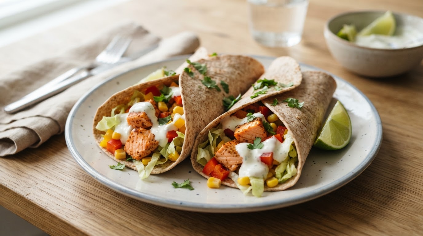 Laksestrimler i grove wraps med sprø grønnsaker og limedressing – illustrasjonsbilde