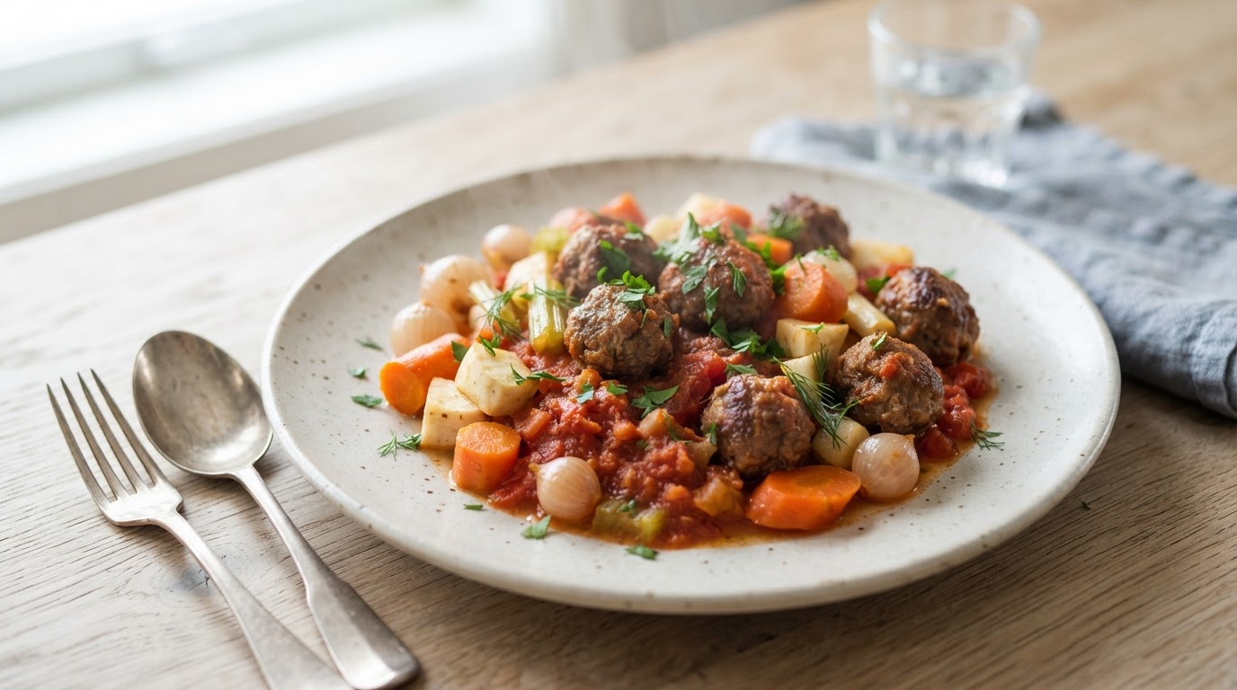Lammekjøttboller i tomatsaus med ferske rotgrønnsaker – slik ser retten ut