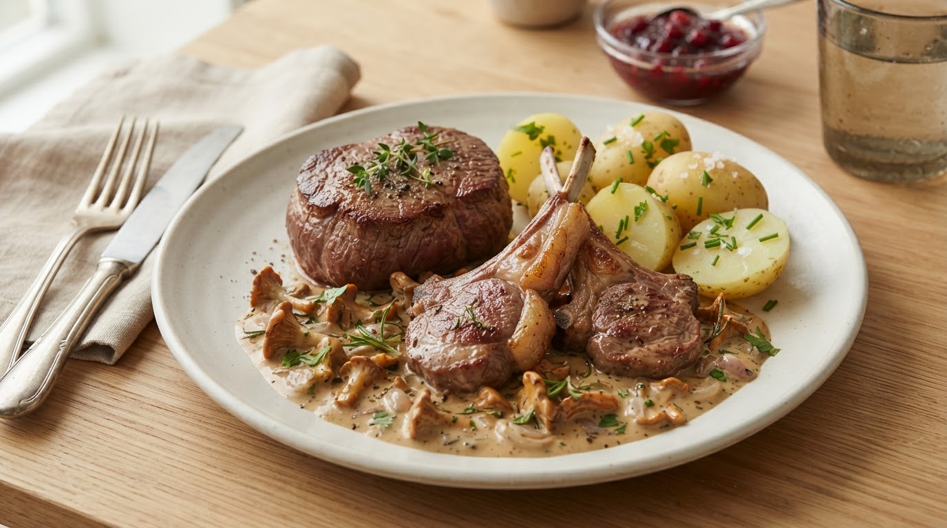 Lammekoteletter med fersk kantarellsaus og nypoteter – slik ser retten ut