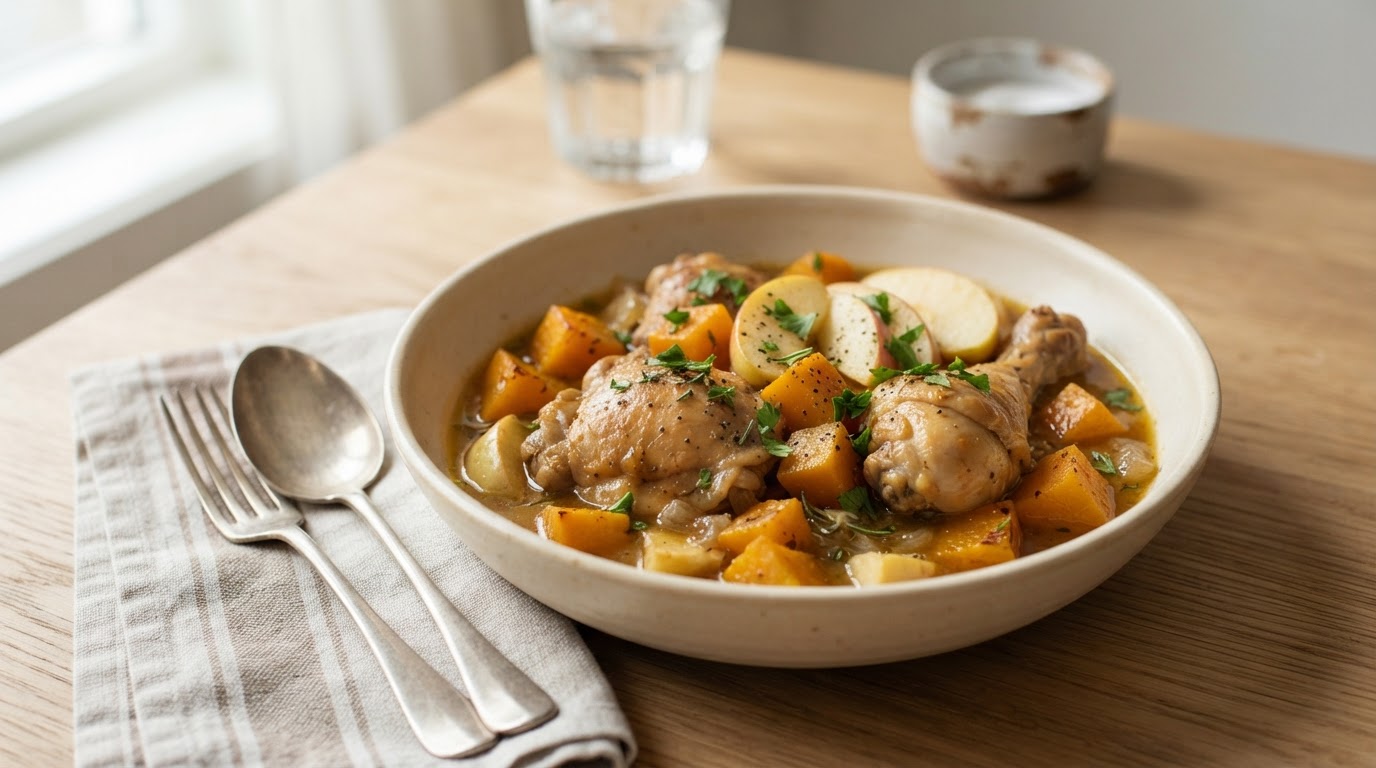 Langtidskokt kyllinggryte i ovn med gresskar og norske epler – illustrasjonsbilde