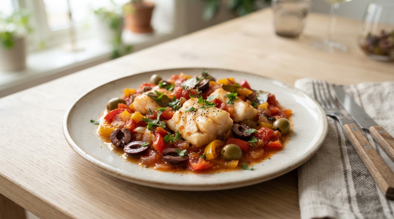 Lavkarbo Bacalao med Torsk og Oliven – illustrasjonsbilde