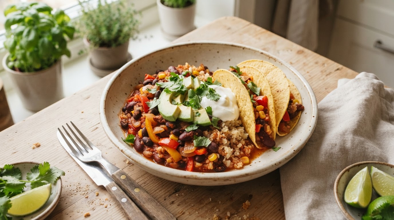 Lavkarbo og Vegetarisk Tacogryte med Paprika, Blomkålris og Avokado – illustrasjonsbilde