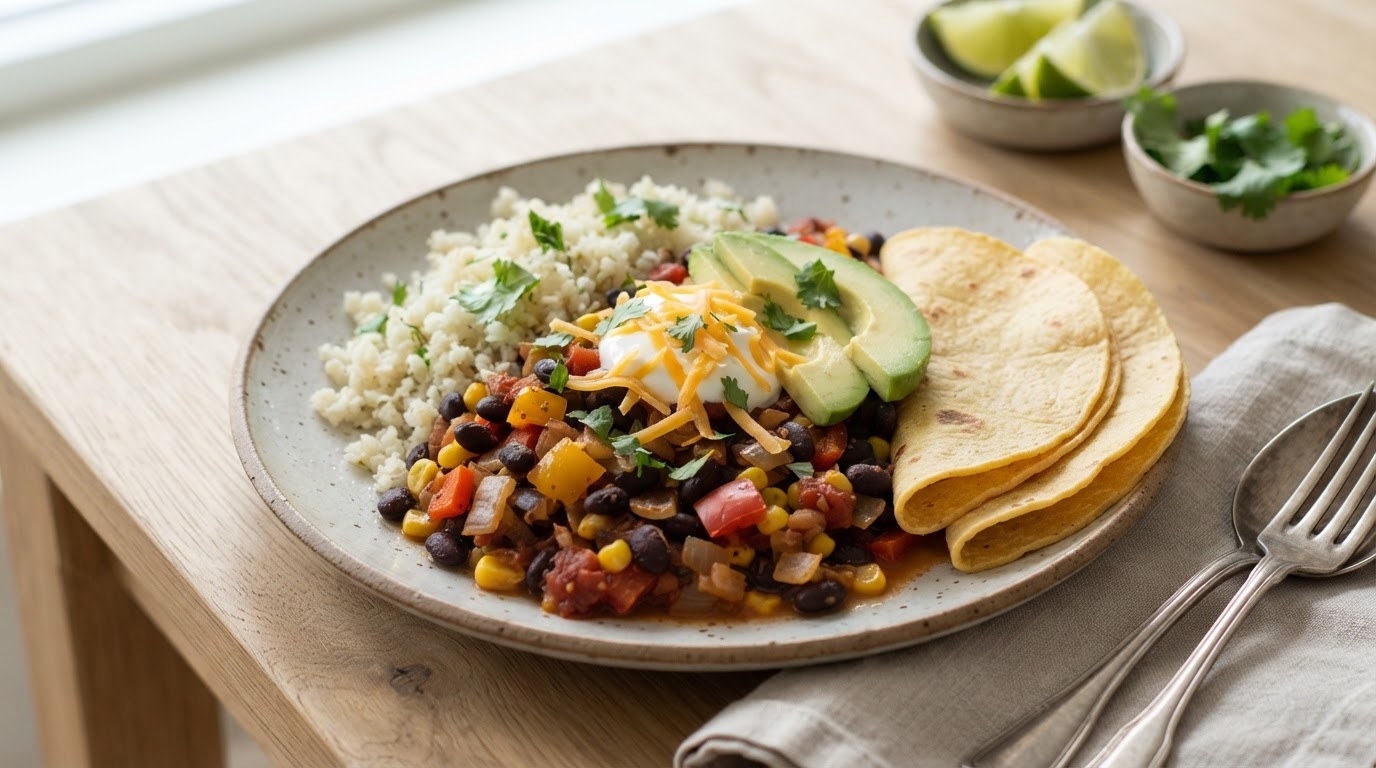 Lavkarbo vegetarisk tacogryte med blomkålris og avokado – illustrasjonsbilde