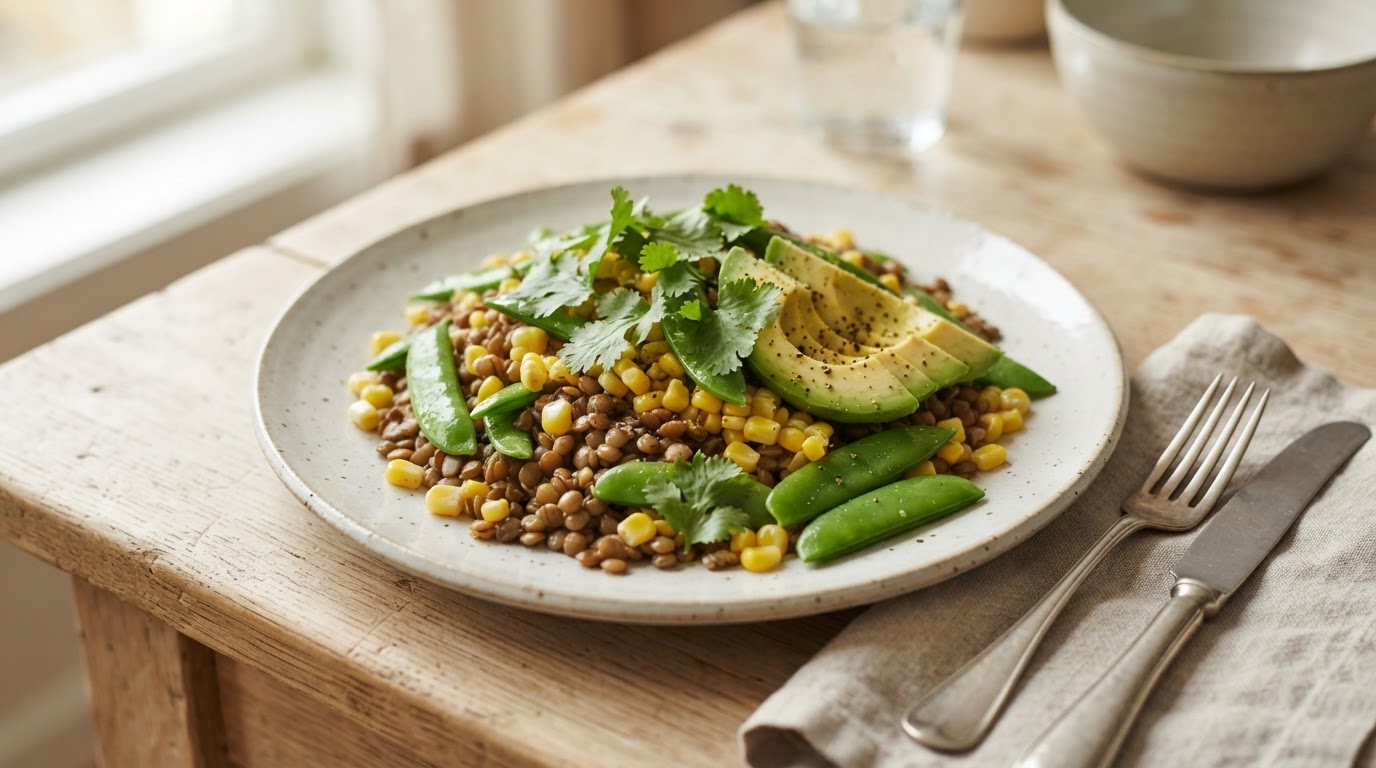 Linsesteik med fersk mais, sukkererter og avokado – slik ser retten ut