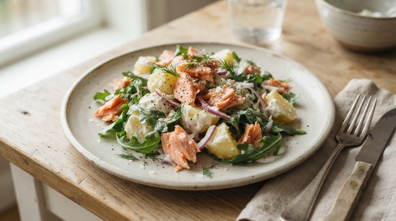 Llakse- og potetsalat av middagsrester – illustrasjonsbilde