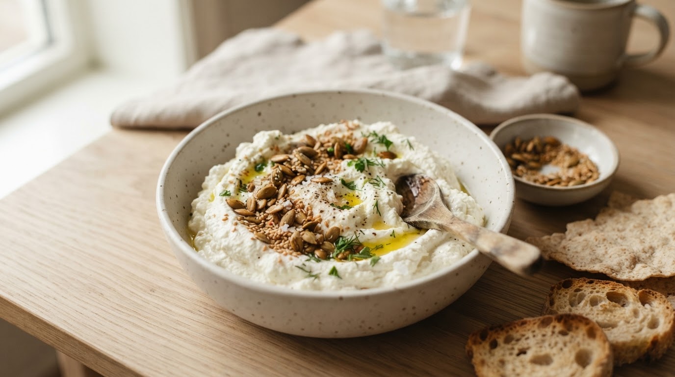 Luftig pisket fetadipp med cottage cheese og salte kjerner – illustrasjonsbilde