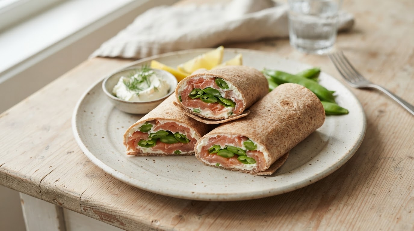 Lunkne frokostwraps med røykt laks, kremost og sprø sukkererter