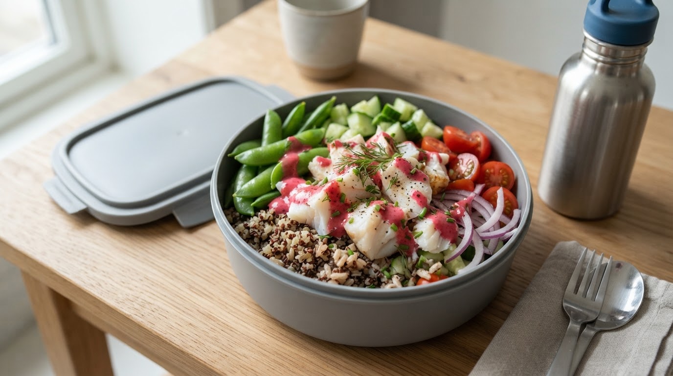 Lunsjskål med varmrøkt kolje, sukkererter og fresh bringebærdressing – illustrasjonsbilde