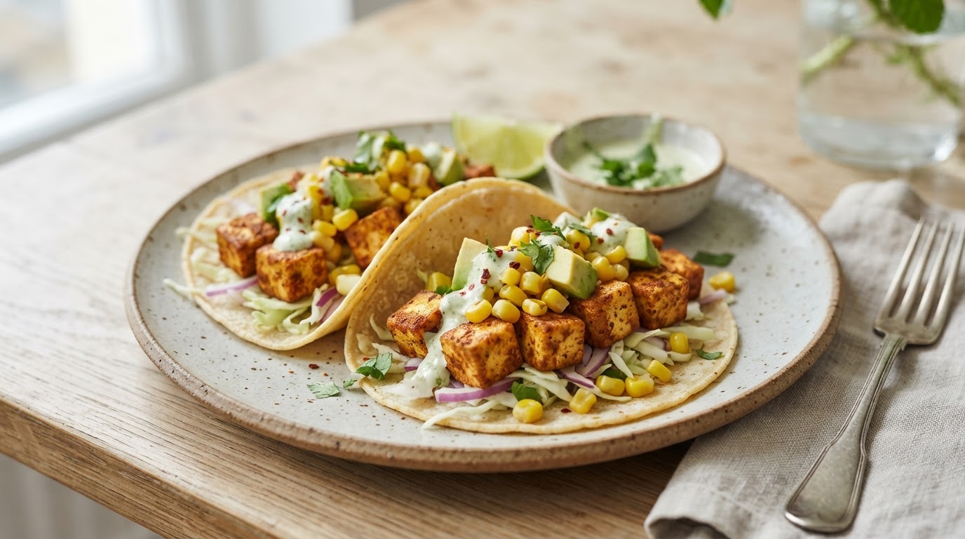 Lynhurtige vegetartacos med sprøstekt tofu, fersk mais og avokado – slik ser retten ut